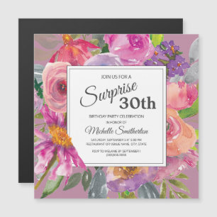 Purple Pink Wildflower 30th Square Birthday Party Magnetic Invitation