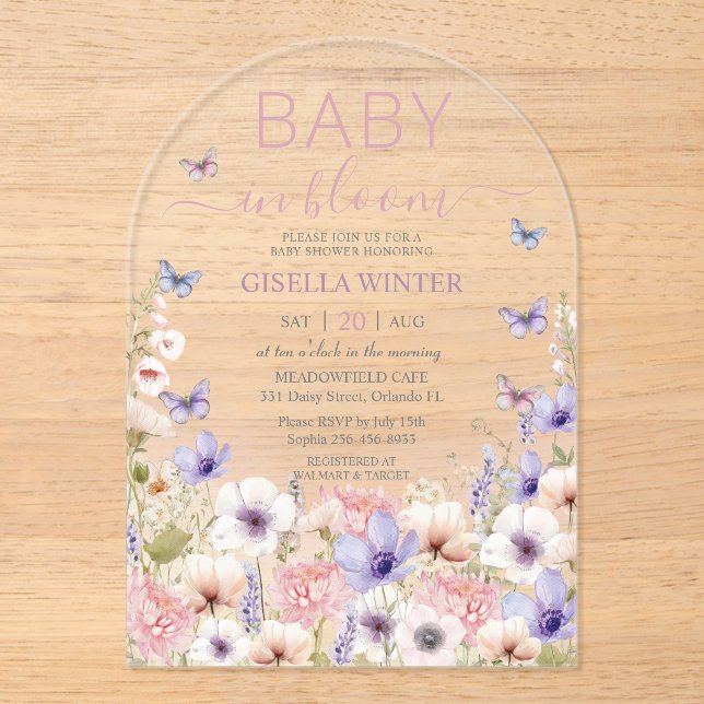 Purple Pink Wildflower Butterflies Baby in Bloom  Acrylic Invitations (Front)