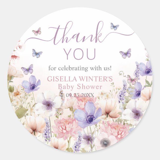 Purple Pink Wildflower Butterflies Baby in Bloom Classic Round Sticker (Front)