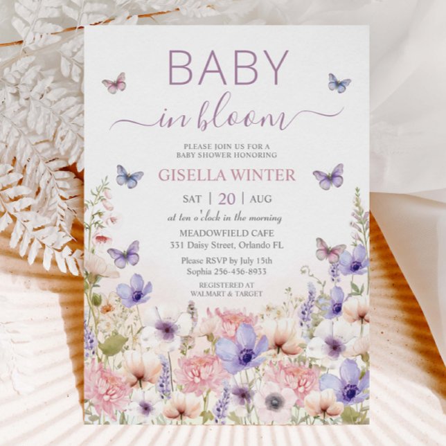 Purple Pink Wildflower Butterflies Baby in Bloom Invitation (Creator Uploaded)
