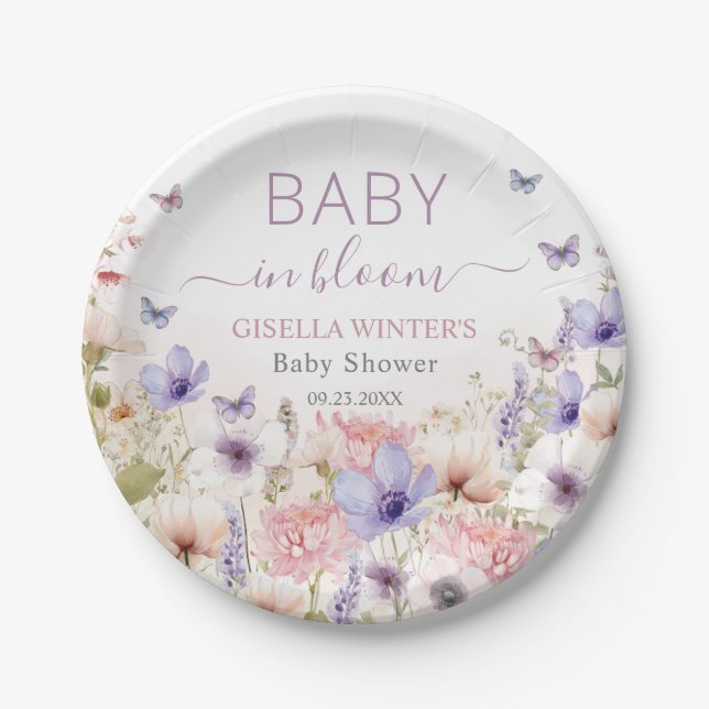 Purple Pink Wildflower Butterflies Baby in Bloom Paper Plate (Front)