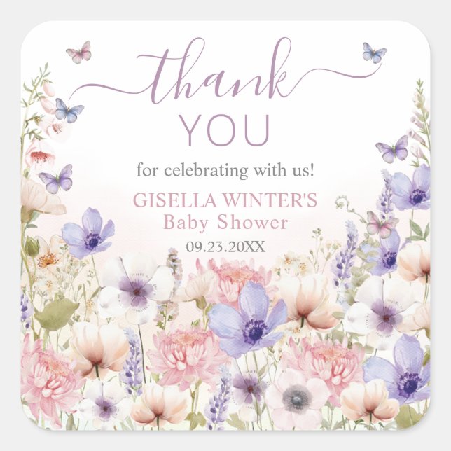 Purple Pink Wildflower Butterflies Baby in Bloom Square Sticker (Front)