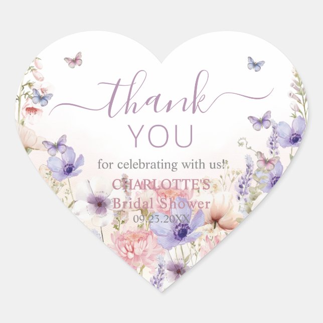Purple Pink Wildflower Butterflies Love in Bloom Heart Sticker (Front)