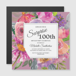 Purple Pink Wildflower Square 100th Birthday Party Magnetic Invitation