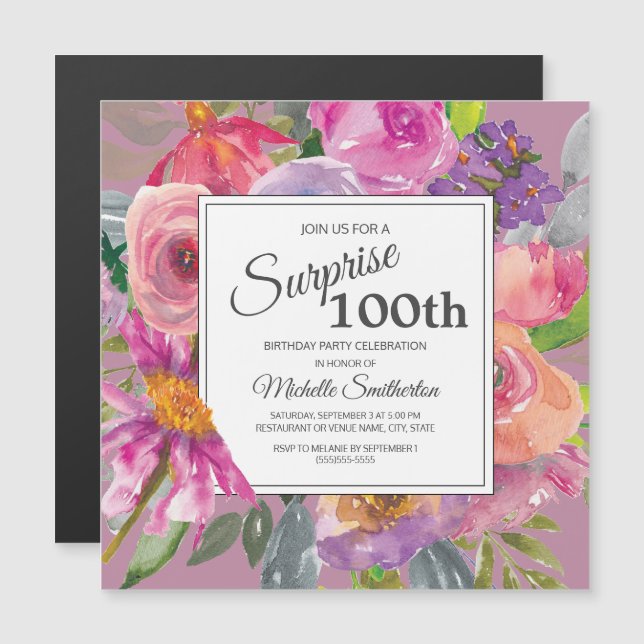 Purple Pink Wildflower Square 100th Birthday Party Magnetic Invitation (Front/Back)