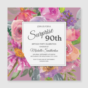 Purple Pink Wildflower Square 90th Birthday Party Magnetic Invitation