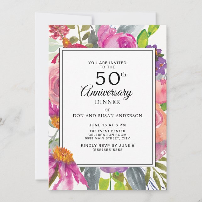 Purple Pink Wildflowers 50th Wedding Anniversary Invitation (Front)