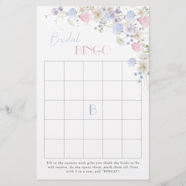 Purple Pink Wildflowers Bridal Shower Bingo Game (Front)
