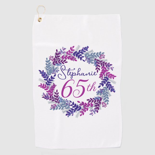 Purple Pink Wreath 65th Birthday Golf Towel (Front)