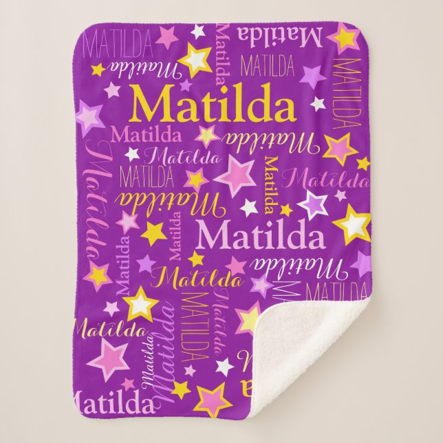 Purple pink yellow girls name stars pattern  sherpa blanket (Front)