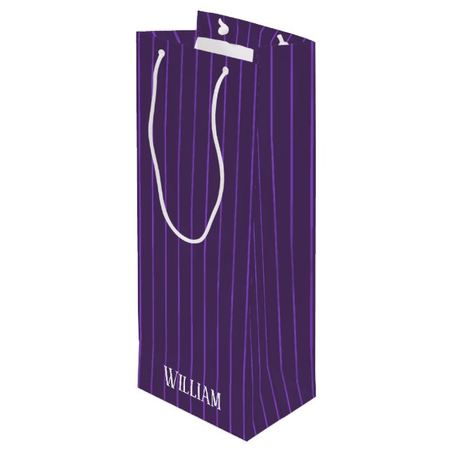 Purple pinstripes wine gift bag (Back Angled)