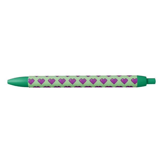 Purple Pixel Heart Pattern Black Ink Pen (Front)
