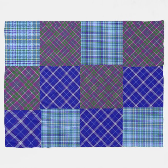 Purple Plaid/Blue Patchwork Fleece Blanket (Front (Horizontal))