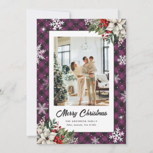 Purple Plaid Botanical Photo Christmas Card