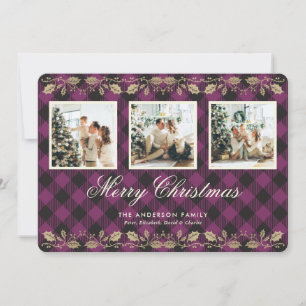 Purple Plaid Botanical Photo Merry Christmas Card