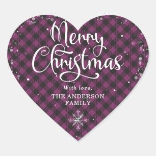 Purple Plaid Calligraphy Snow Merry Christmas Heart Sticker