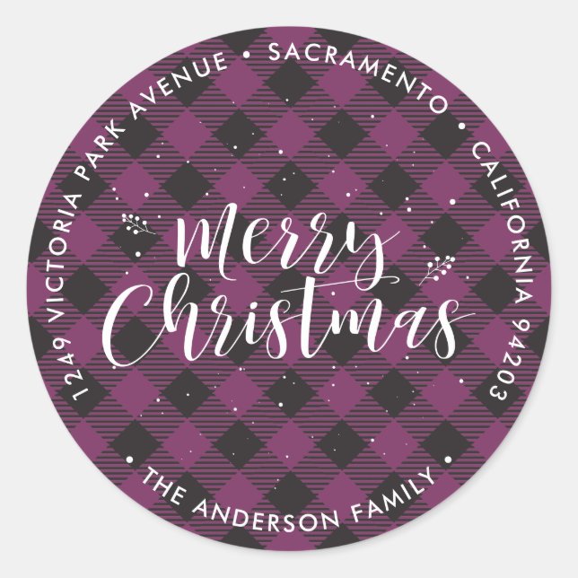 Purple Plaid Christmas Return Address Labels (Front)