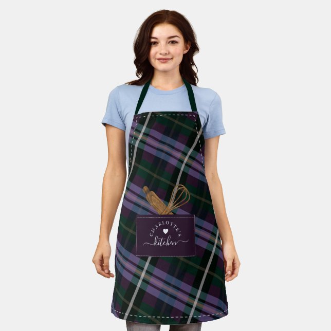 Purple Plaid Fake Pocket & Wooden Spoon & Whisk Apron (Worn)