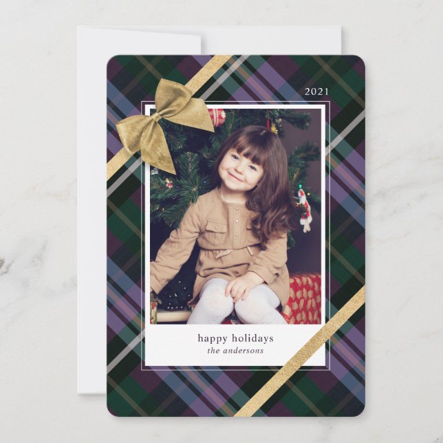 Purple Plaid Gift Wrapped & Gold Bow Present Photo Holiday Card (Front)