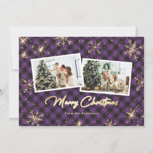Purple Plaid Gold Snowflakes Photo Christmas Holiday Card