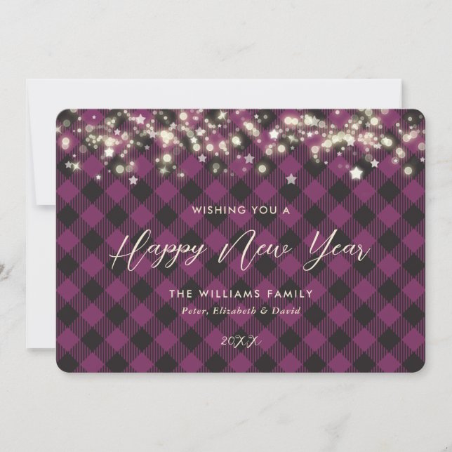 Purple Plaid Happy New Year Card (Front)