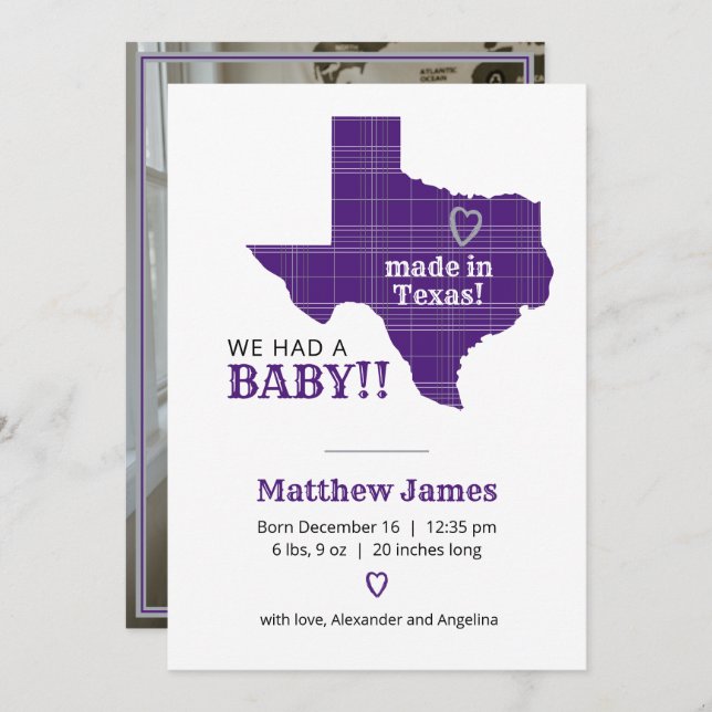 Purple Plaid Made In Texas Vertical Photo Announcement (Front/Back)