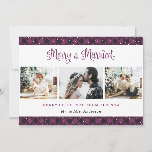 Purple Plaid Merry and Married Christmas Card (Front)