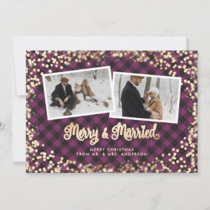 Purple Plaid Merry and Married Photo Christmas Holiday Card
