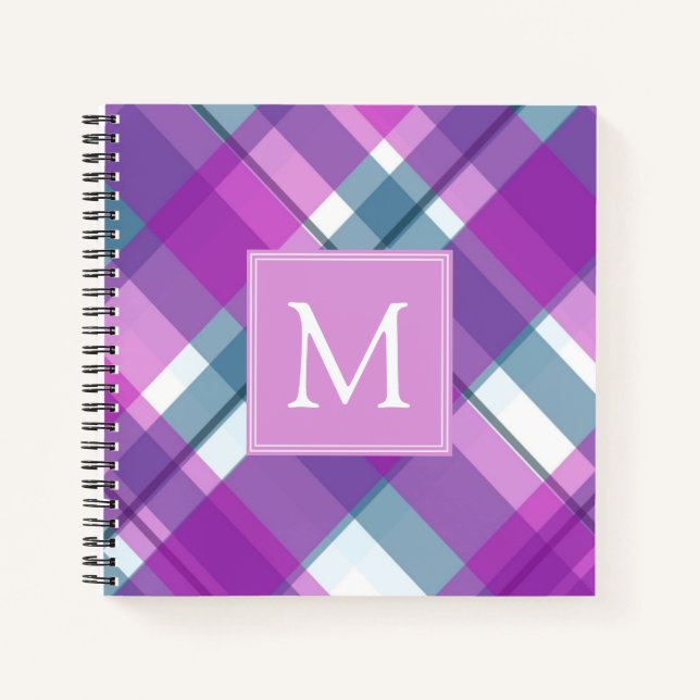 Purple Plaid Pattern Monogram Notebook (Front)