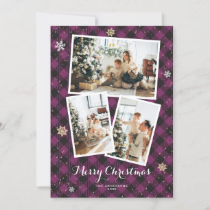 Purple Plaid Photo Collage Merry Christmas Cards
