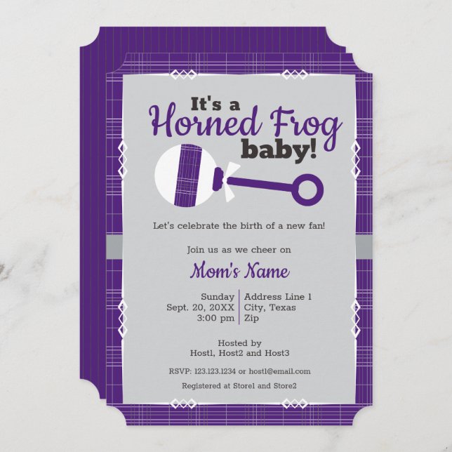 Purple Plaid Rattle Horned Frog Baby Shower Invitation (Front/Back)