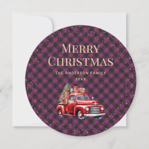 Purple Plaid Red Truck Merry Christmas Card
