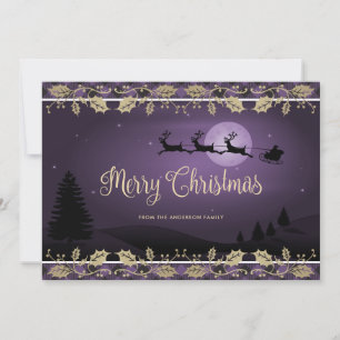 Purple Plaid Reindeer Santa Botanical Christmas Holiday Card