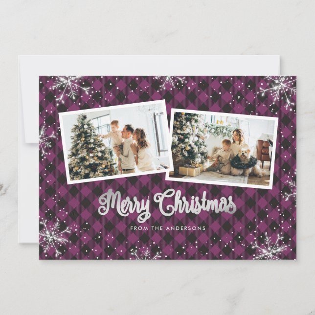Purple Plaid Silver Snowflake Photo Christmas Card (Front)