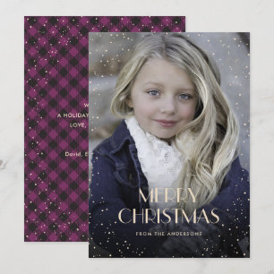 Purple Plaid Snow Photo Christmas Cards