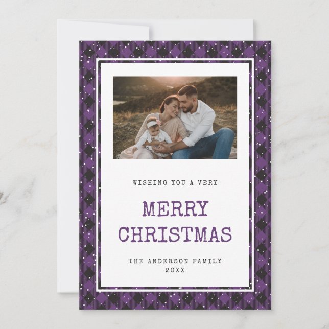 Purple Plaid Snow Photo Merry Christmas Card (Front)