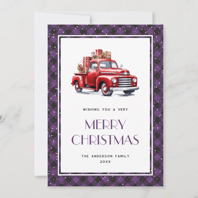 Purple Plaid Snow Red Truck Merry Christmas Card (Front)
