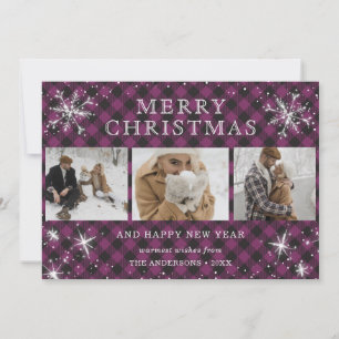 Purple Plaid Snowflake Photo Collage Holiday Card
