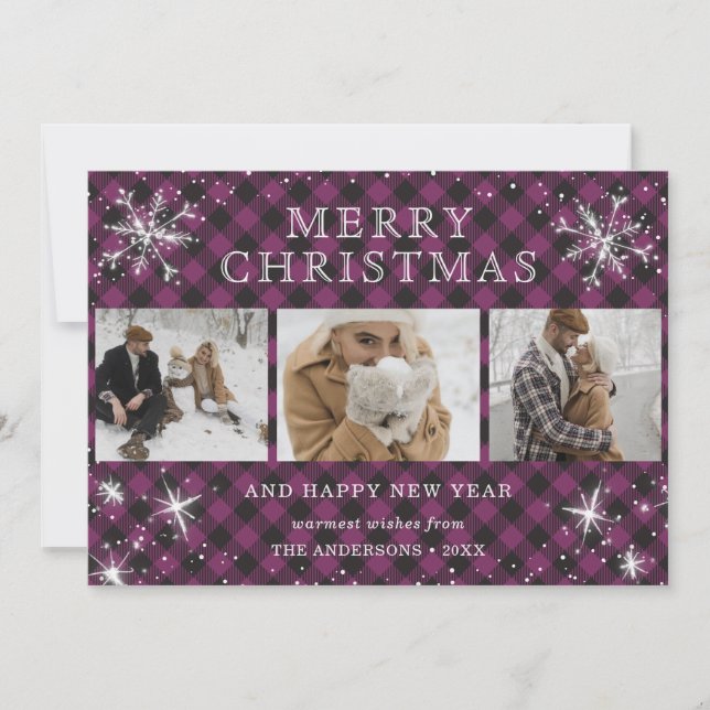 Purple Plaid Snowflake Photo Collage Holiday Card (Front)