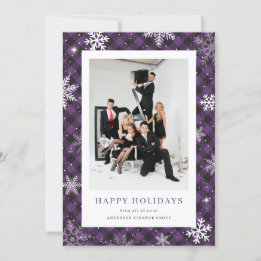 Purple Plaid Snowflake Photo Corporate Business Holiday Card