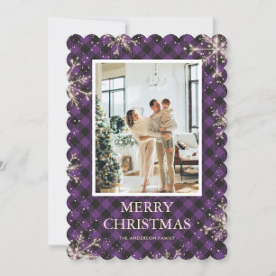 Purple Plaid Snowflake Photo Merry Christmas Holiday Card