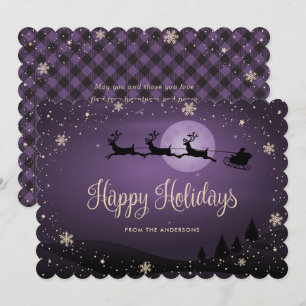 Purple Plaid Snowflake Reindeer Santa Claus Holiday Card