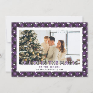 Purple Plaid Stars Believe Photo Christmas Card