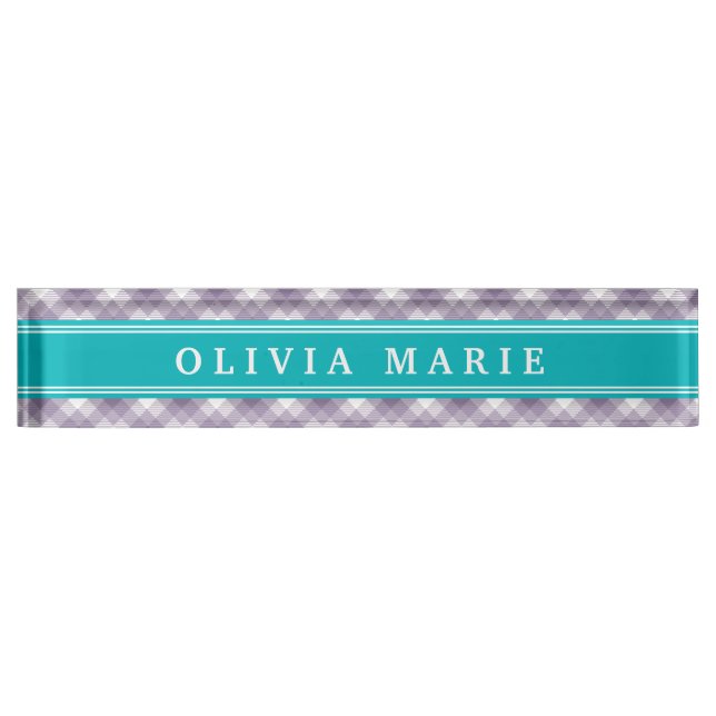 Purple Plaid Stripe Pattern Teal Blue Accent Nameplate (Front)