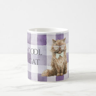 Purple Plaid Stripes Brown Cool Cat Glasses   Coffee Mug