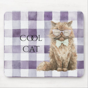 Purple Plaid Stripes Brown Cool Cat Glasses Mouse Mat