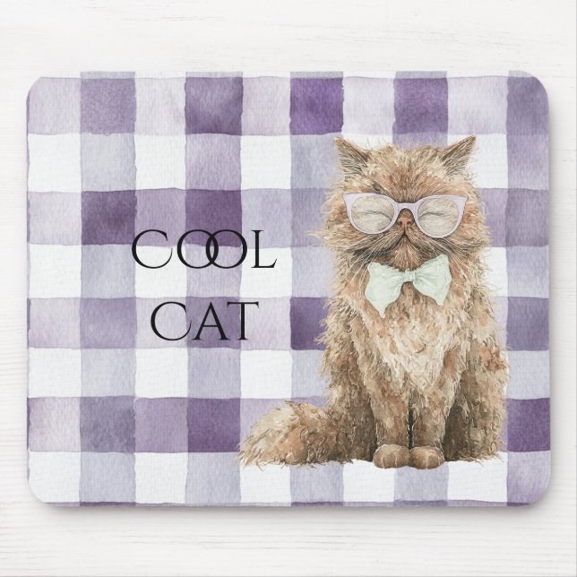 Purple Plaid Stripes Brown Cool Cat Glasses   Mouse Mat (Front)
