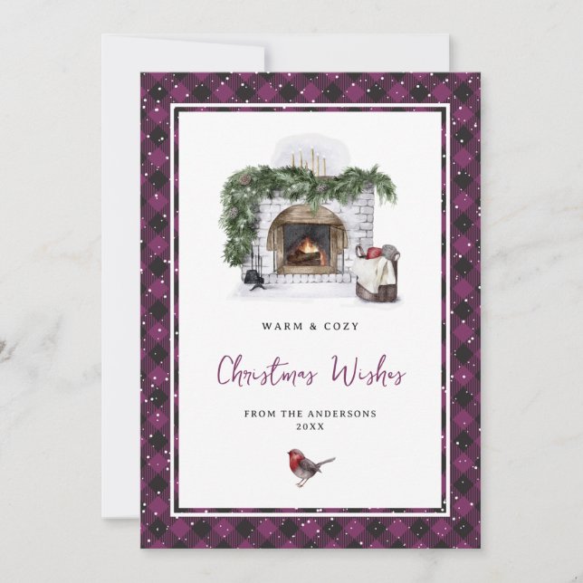 Purple Plaid Watercolor Christmas Wishes Holiday Card (Front)