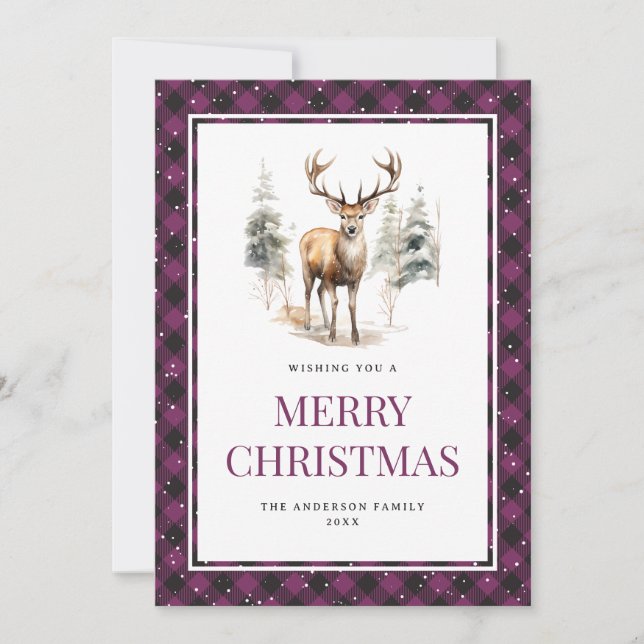 Purple Plaid Watercolor Deer Snowy Merry Christmas Holiday Card (Front)