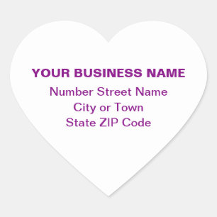Purple Plain Texts Business Address on White Heart Sticker